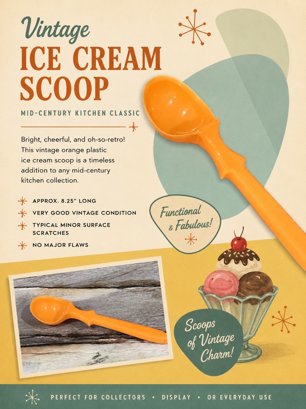 Sold!
Vintage MCM Orange Plastic Ice Cream Scoop Spoon Retro Kitchen Utensil